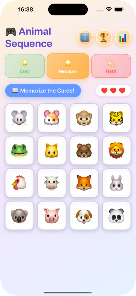 L'interfaccia principale dell'app Mausaimae che mostra una griglia quattro per quattro di colorate carte di animali con impostazioni di difficoltà Facile Media e Difficile.