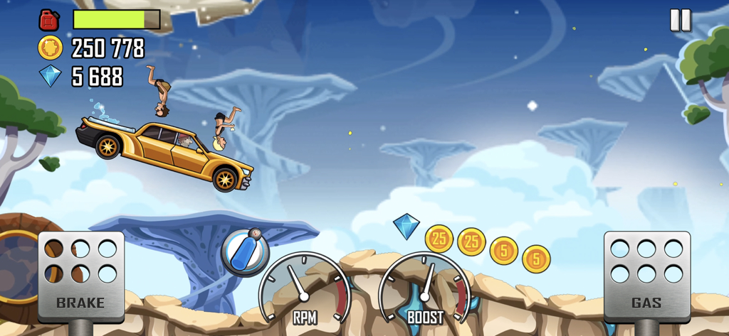Hill Climb Racing gameplay featuring a yellow car jumping in a wacky alien world.