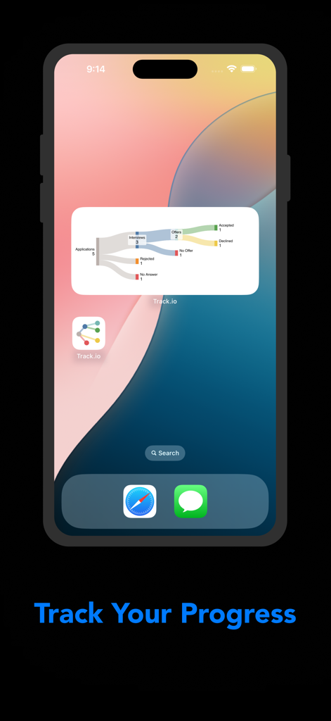 Track.io mobile widget visualizing job application status with a Sankey diagram on an iPhone home screen