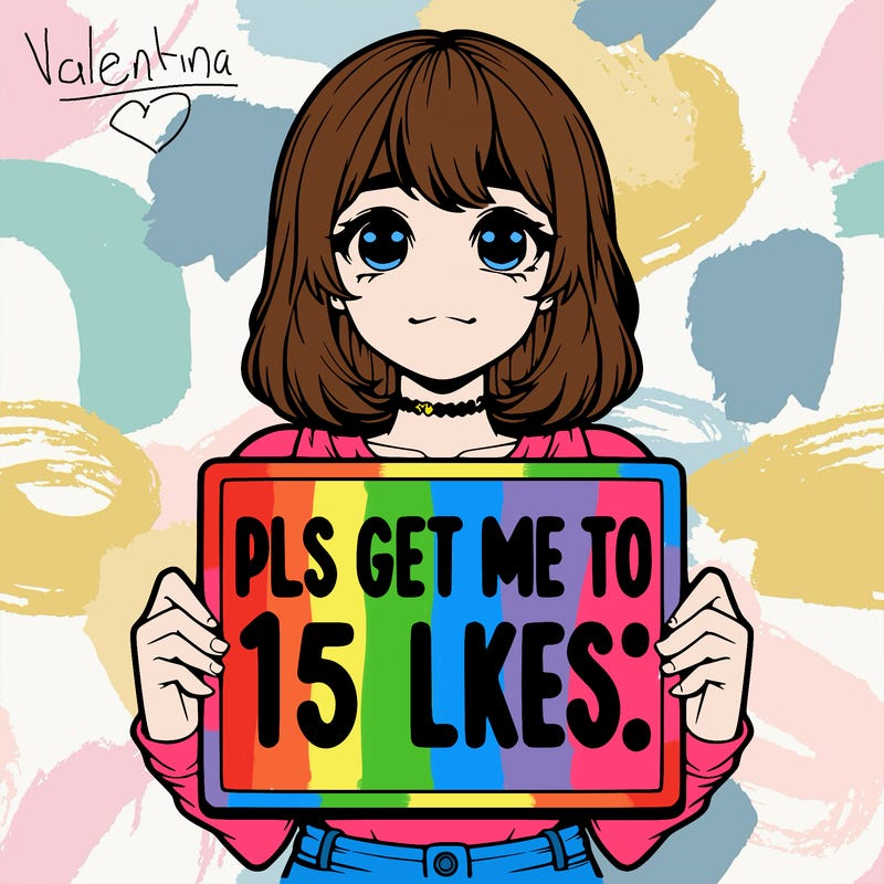 realistic girl holding up a sign that says “pls get me to 15 likes!”