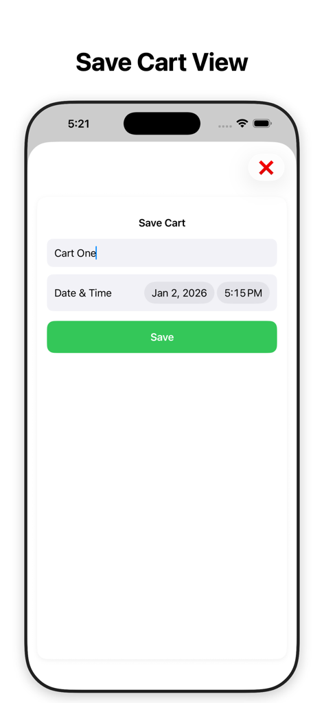 USmartCart - Interfaz de la aplicación USmartCart para guardar un carrito de compras con un nombre y fecha personalizados.