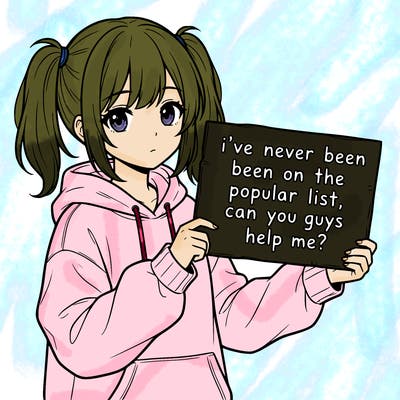 a cute anime girl with a sign saying  i’ve never been on the popular list, can you guys help me?