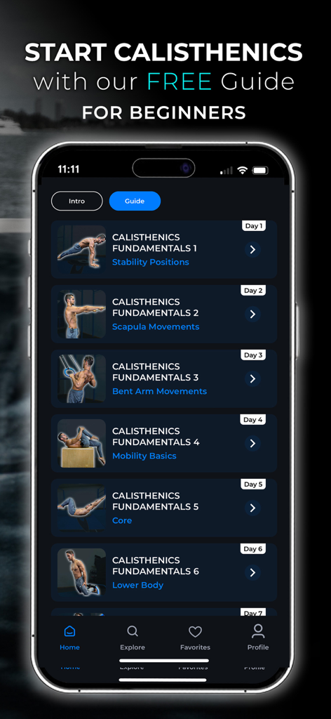 Saturno Movement - Saturno Movement app interface showing a free calisthenics beginner guide with fundamental training modules organized by day.