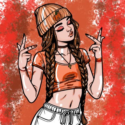 realistic teenage girl with braids and a beanie and crop top doing 🫶🏼