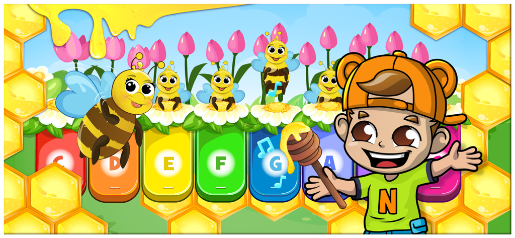 Cartoon character Niki in a bee themed music game with a colorful lettered keyboard and honeybees