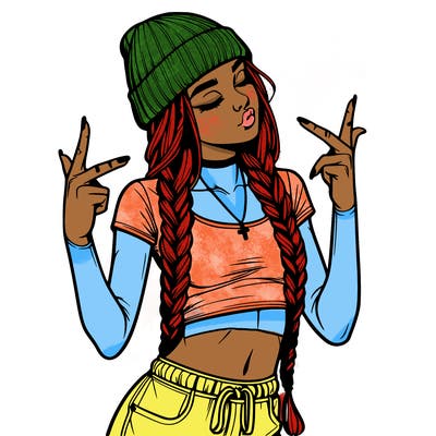 realistic teenage girl with braids and a beanie and crop top doing 🫶🏼