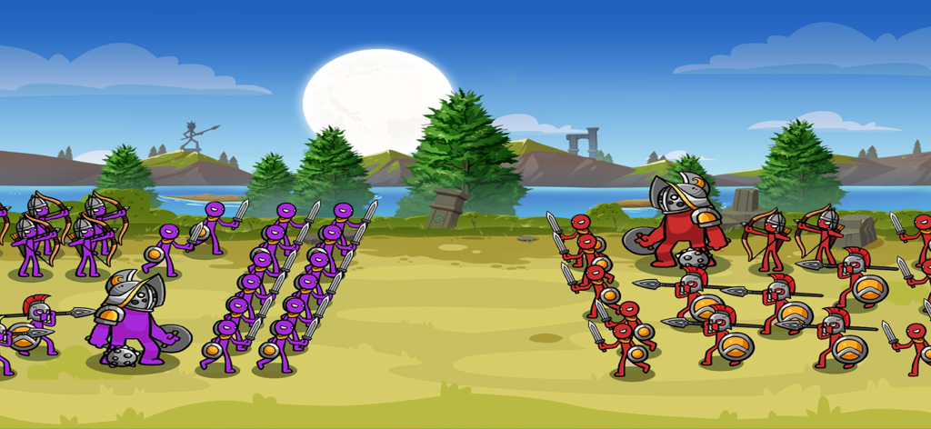 Stick Empire - Kingdom Castle - A battle scene showing purple and red stickman armies with archers, spearmen, and giants facing off in a field.
