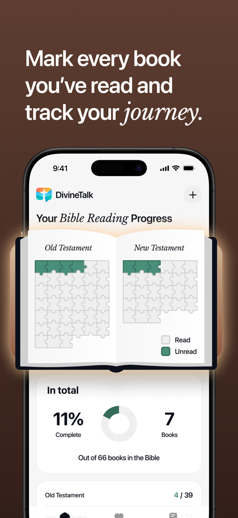 DivineTalk app interface showing Bible reading progress with a visual puzzle tracker for Old and New Testament books