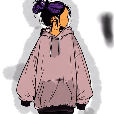 realistic girl with a oversized sweatshirt on and a bun