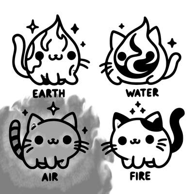 4 cats that represent the different elements, earth, water, air, and fire