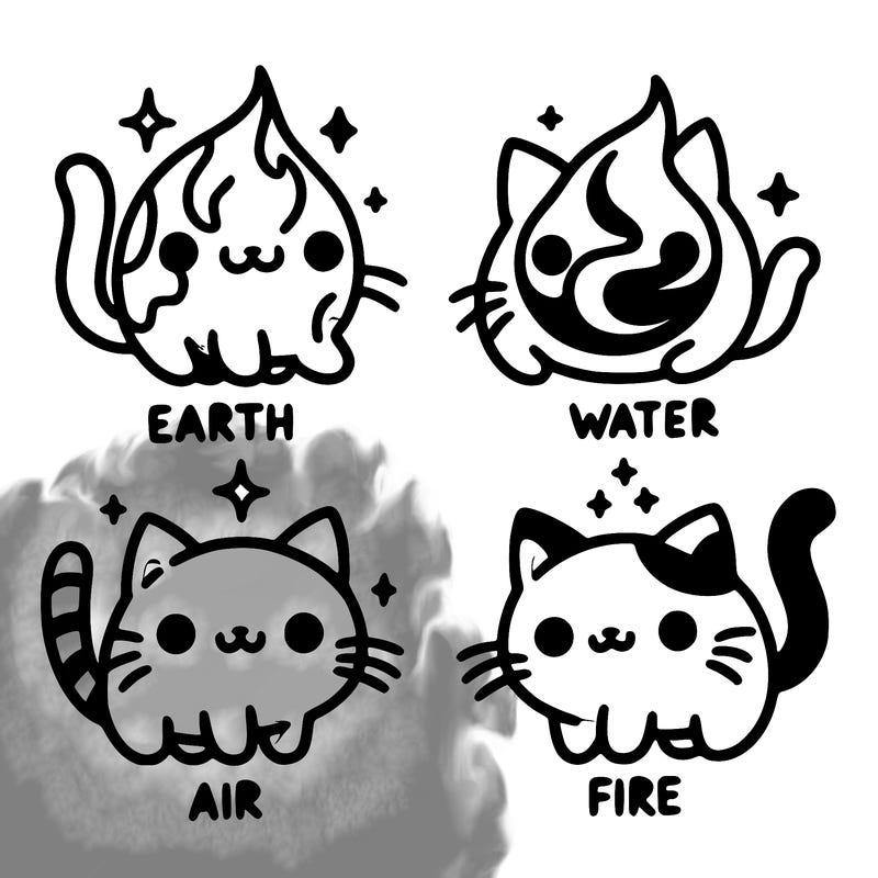 4 cats that represent the different elements, earth, water, air, and fire
