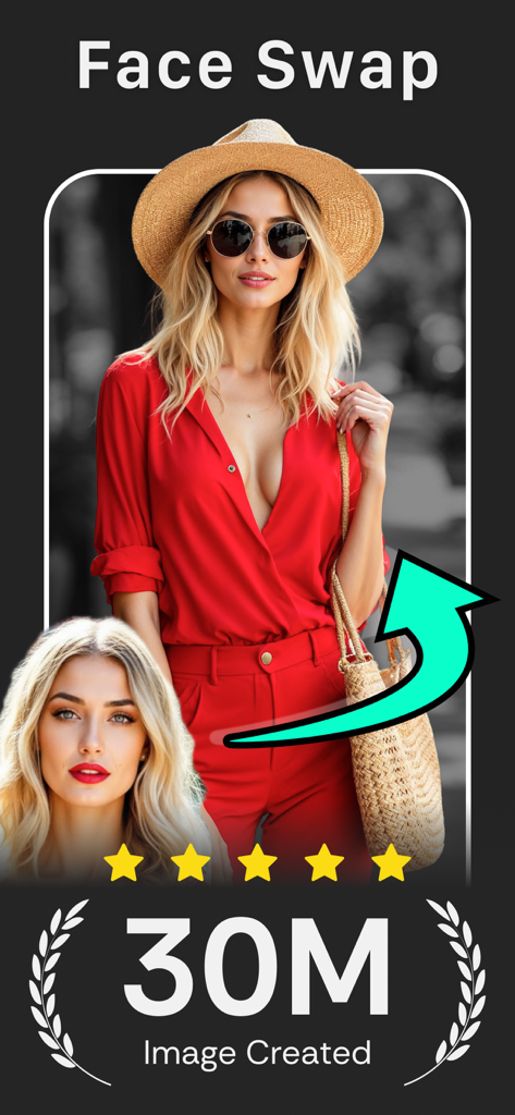 Una mujer usando la función de cambio de rostro en la app Photo Face Swap AI Editor mostrando treinta millones de imágenes creadas