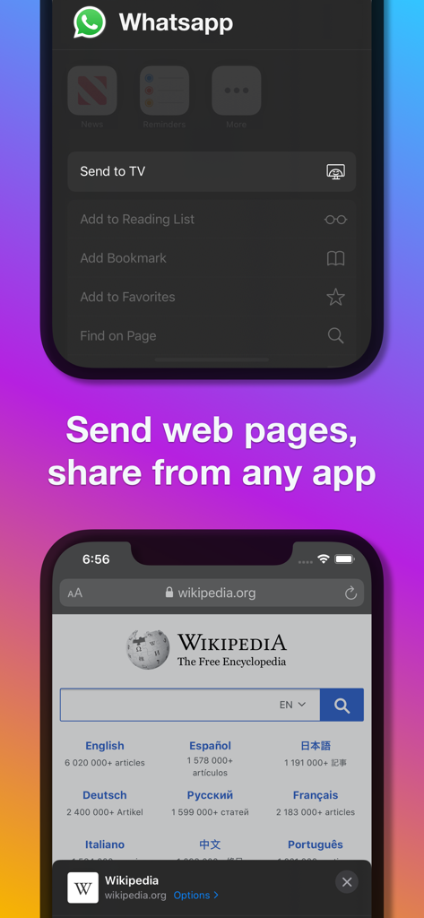 Demonstration of sending web pages and sharing content from apps like WhatsApp to a TV using the Send to TV extension