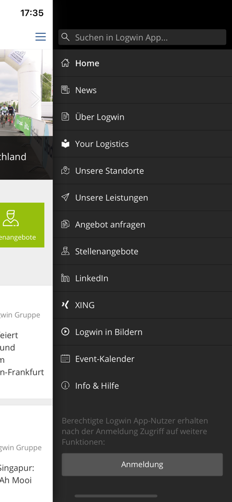 Side navigation menu of the Logwin logistics app showing news services and career sections