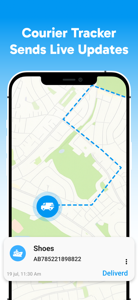 Package Tracker : Courier Info - Interface of the Package Tracker app showing a live delivery route on a map for a parcel.
