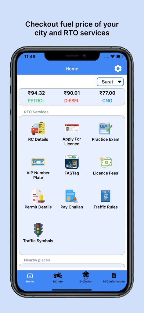 RTO - eChallan, Vehicle info - Écran d'accueil d'une application mobile montrant les prix du carburant et les icônes des services RTO