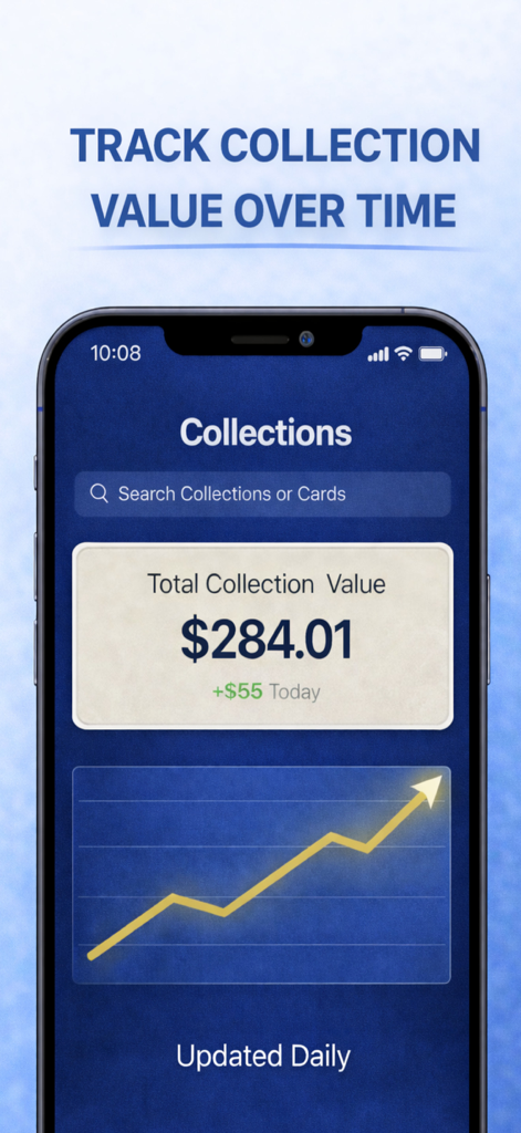 Sports Card Scanner Pro - Sports Card Scanner Pro dashboard showing total collection value of 284 dollars and a rising market performance graph.