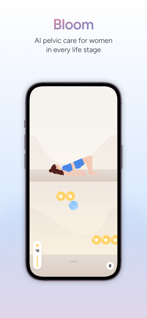 Sword Health: AI Care - Pantalla de la aplicación Sword Health Bloom que muestra a una mujer realizando un ejercicio de salud pélvica guiado por IA.