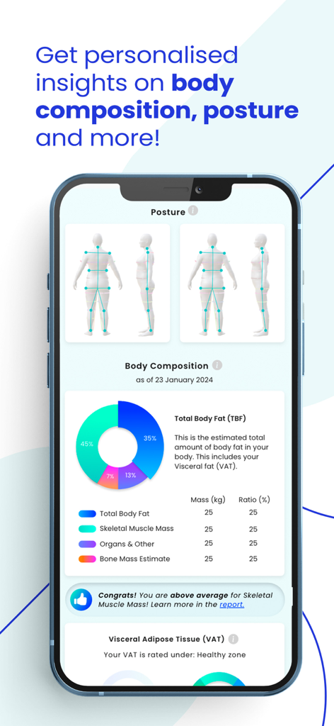 Bodymapp - At home body scans - Smartphone screen showing Bodymapp app with body composition charts, posture analysis, and muscle mass metrics.