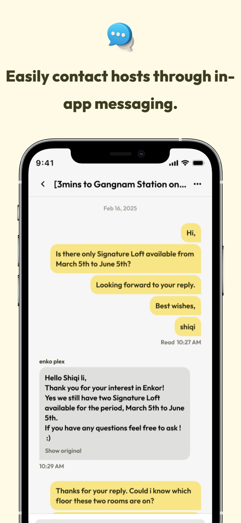 enkostay - No deposit in Korea - Mobile app interface showing a direct message conversation between a user and a housing host in Korea