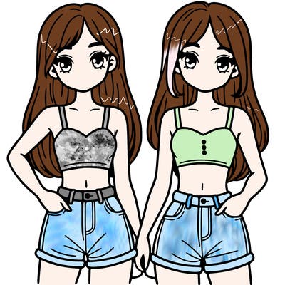 two sisters with crop tops and jean shorts and straight hair
