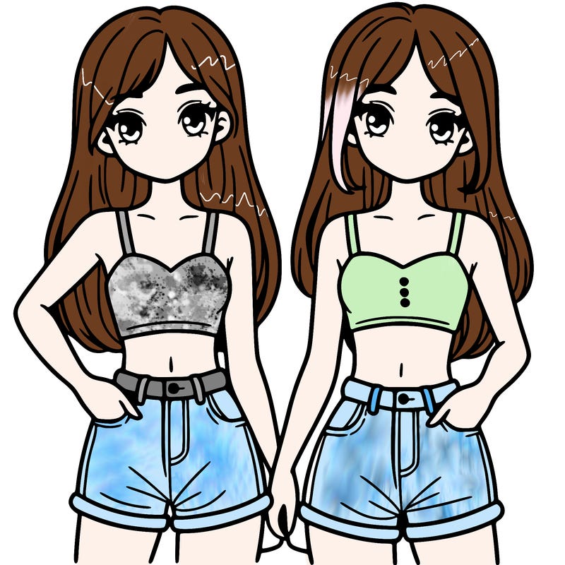 two sisters with crop tops and jean shorts and straight hair