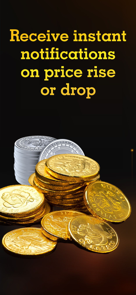 Gold Silver Prices Live - Pila de monedas de oro y plata con texto sobre la recepción de alertas de precios instantáneas