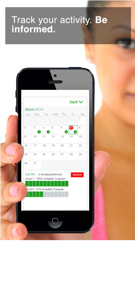 7 Minute Workout Challenge - Pantalla de iPhone que muestra el calendario de actividades y las barras de progreso de entrenamiento en la aplicación 7 Minute Workout Challenge