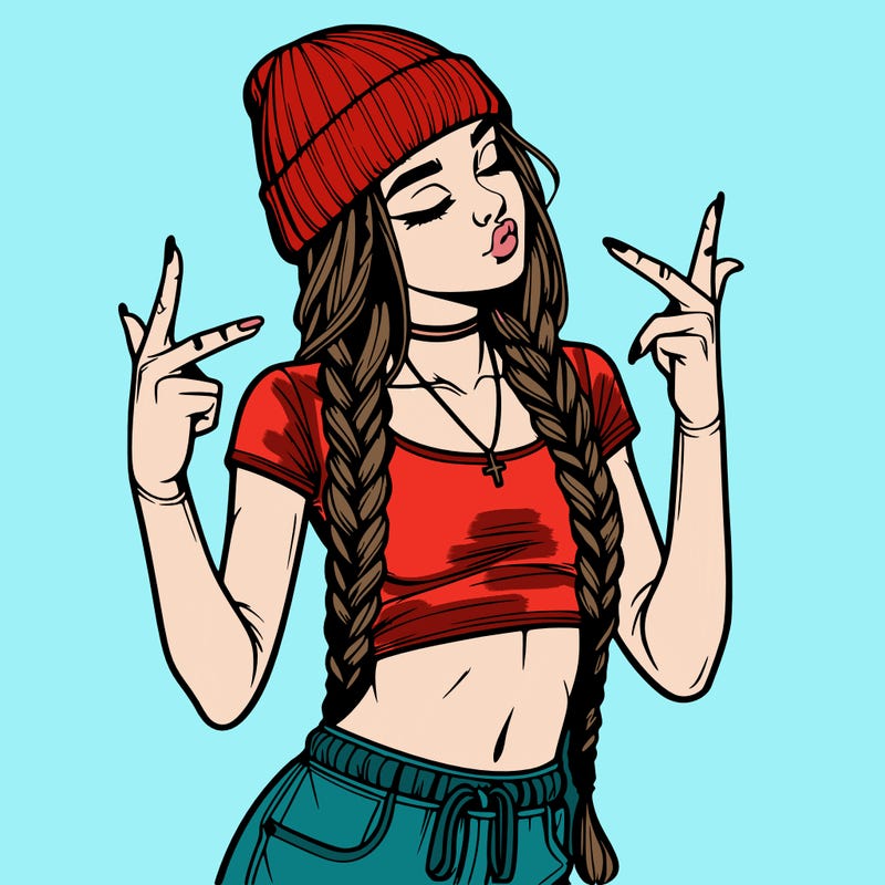realistic teenage girl with braids and a beanie and crop top doing 🫶🏼