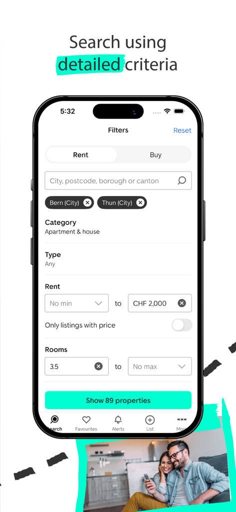 Advanced search filters in the ImmoScout24 Switzerland app for finding apartments and houses based on rent price and room count.