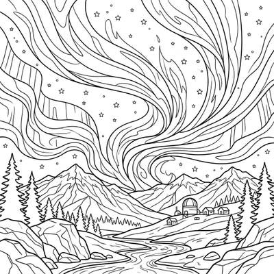 Dive into the breathtaking beauty of the Aurora Australis with this captivating coloring page designed especially for kids. Discover a world of natural wonder as vibrant lights dance above majestic mountains and a peaceful village.