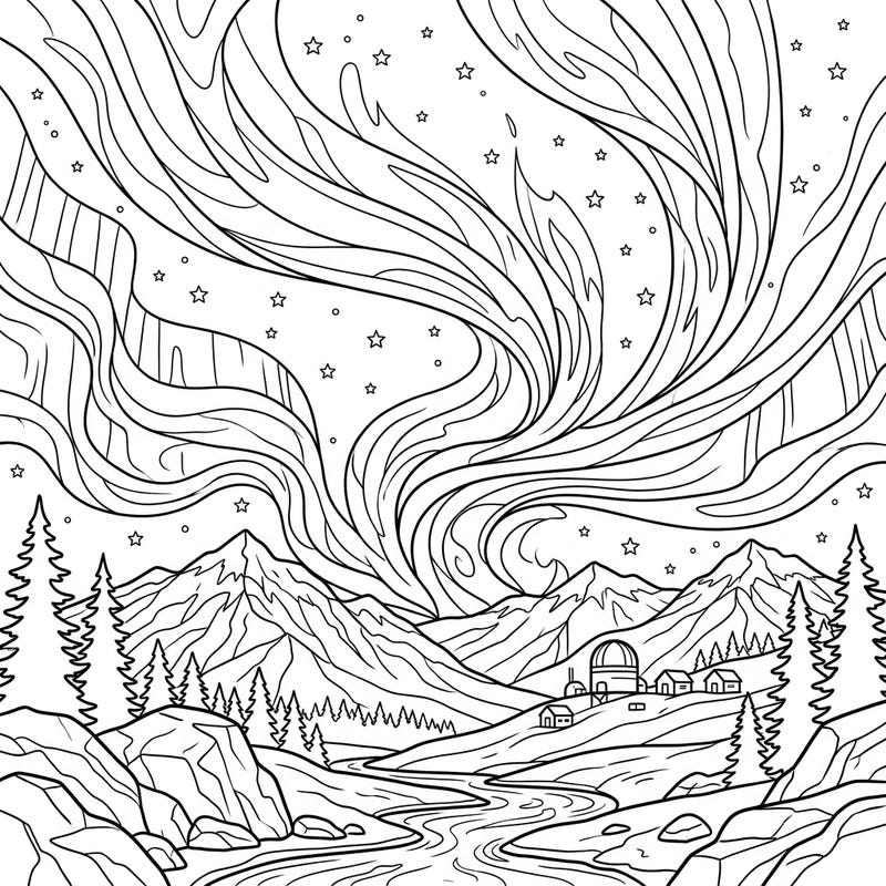 Dive into the breathtaking beauty of the Aurora Australis with this captivating coloring page designed especially for kids. Discover a world of natural wonder as vibrant lights dance above majestic mountains and a peaceful village.