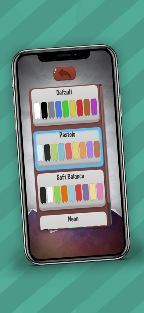 Drawing Phone | Draw & Guess - Una pantalla de móvil que muestra diferentes opciones de paleta de colores en el juego Drawing Phone.