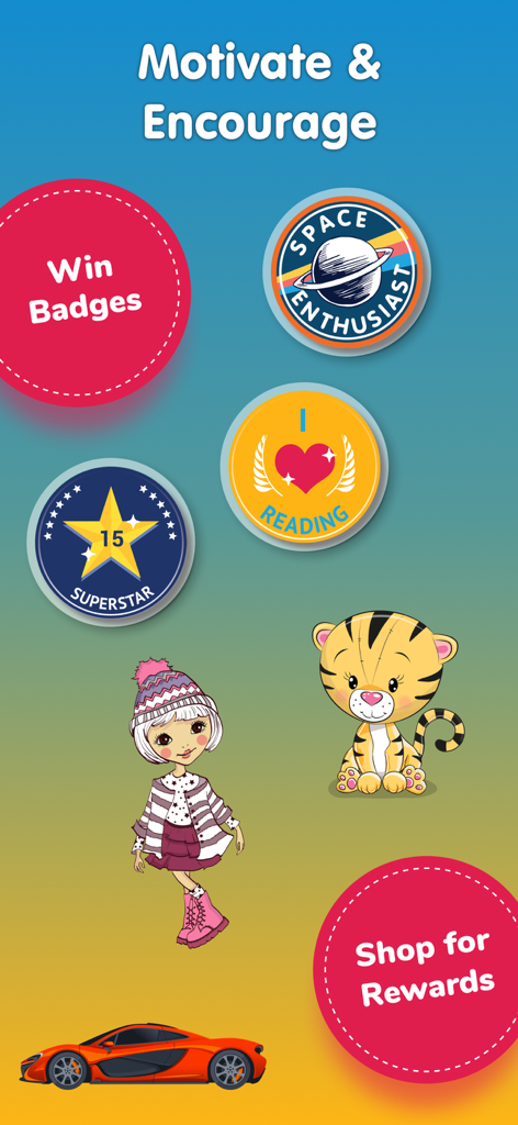 Display of motivational badges and rewards including Space Enthusiast and Superstar for children in the Read-Along app