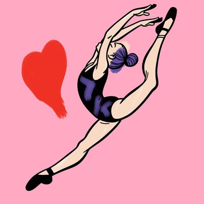 gymnast doing a leap in a leotard with a bent back leg