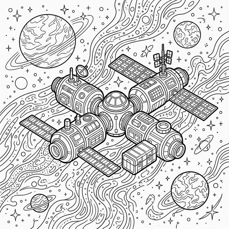Journey to the stars with this detailed coloring page featuring a sophisticated space exploration outpost. Perfect for sci-fi enthusiasts, it invites you to bring the wonders of the cosmos to life with your own palette.