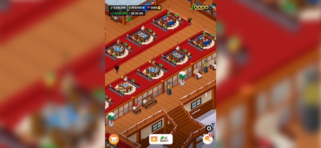 Idle Restaurant Tycoon: Empire - Vue aérienne d'un intérieur de restaurant de luxe avec plusieurs tables et clients dans Idle Restaurant Tycoon Empire