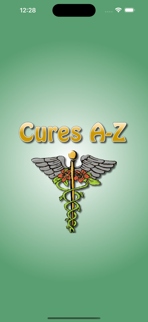 Cures A-Z - Splash screen of the Cures A-Z app showing a floral caduceus medical symbol on a green background
