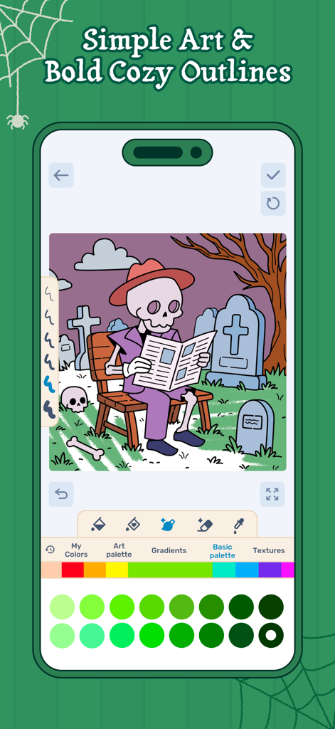 Boo Coloring Book: Cozy Horror - A digital coloring book page showing a cute skeleton reading a newspaper in a graveyard