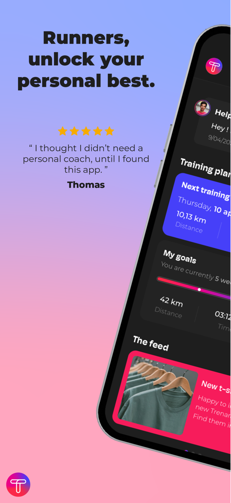 Trenara Coach - Running Plans - Trenara Coach App-Oberfläche, die einen Trainingsplan für einen 42-km-Marathon und ein Kunden-Testimonial zeigt.