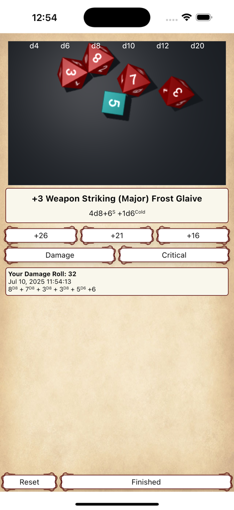 Pathbuilder 2e app dice roller screen showing damage calculation for a Frost Glaive