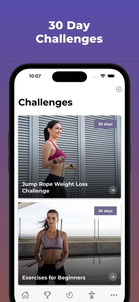 The 30 Day Jump Rope Challenge - Mobile app interface showing jump rope weight loss and beginner fitness challenges.