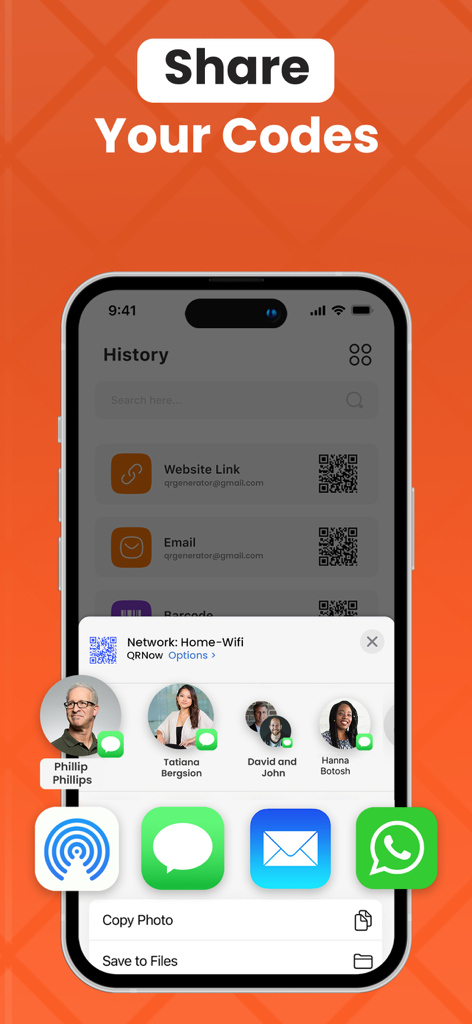 QR Code: Generator & Maker - An iPhone displaying the share menu for sending a generated QR code to contacts via message or email
