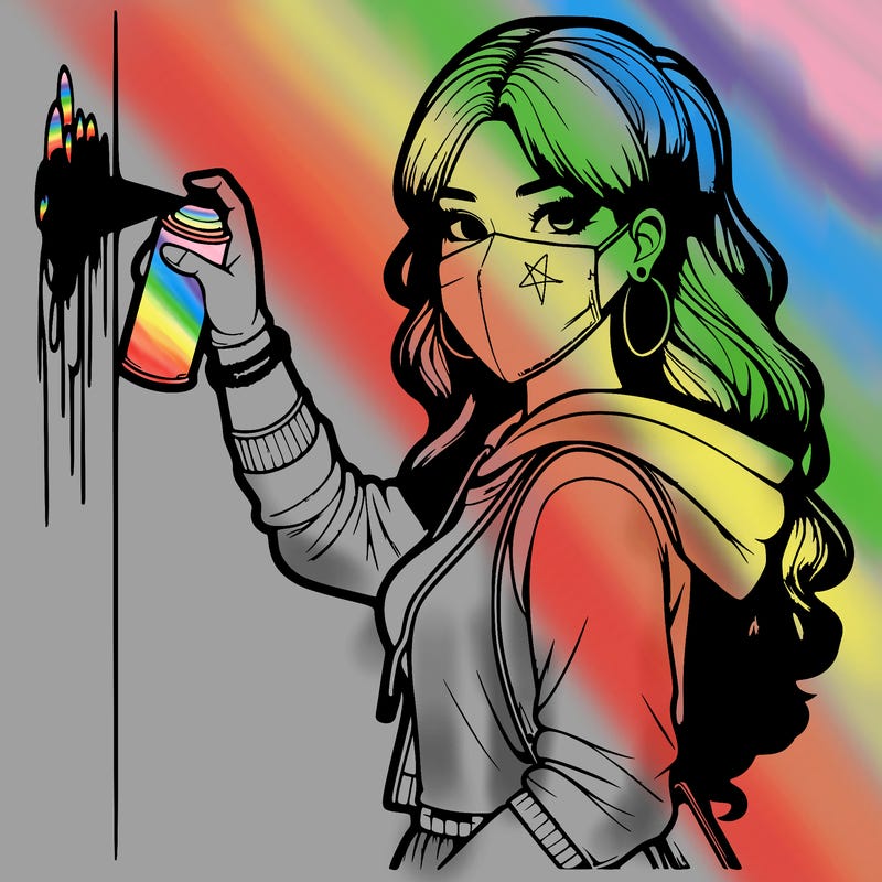 realistic girl with mask spray painting a wall