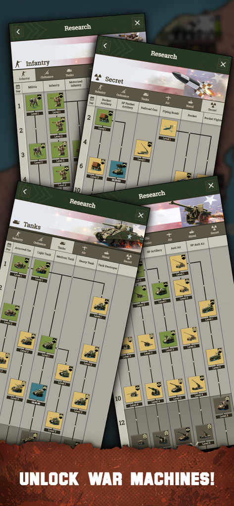 Supremacy: Call of War 1942 - A display of the military research tech tree for unlocking tanks infantry and secret weapons in Call of War 1942