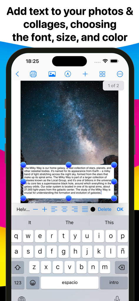 Photo Print - Collage & Resize - Adicionando um bloco de texto descritivo a uma foto noturna estrelada usando a interface do aplicativo Impressão de Fotos.