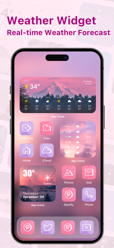 iPhone home screen featuring pink aesthetic weather widgets and custom app icons