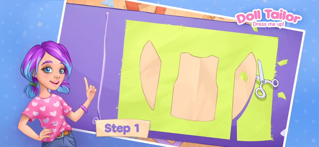 Sewing Games Fashion Dress Up - Personagem da boneca Alice mostrando como cortar padrões de tecido em um jogo de costura para crianças