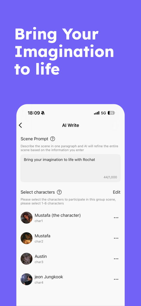 Rochat app screen showing the AI Write tool for creating scenes and selecting characters for roleplay.
