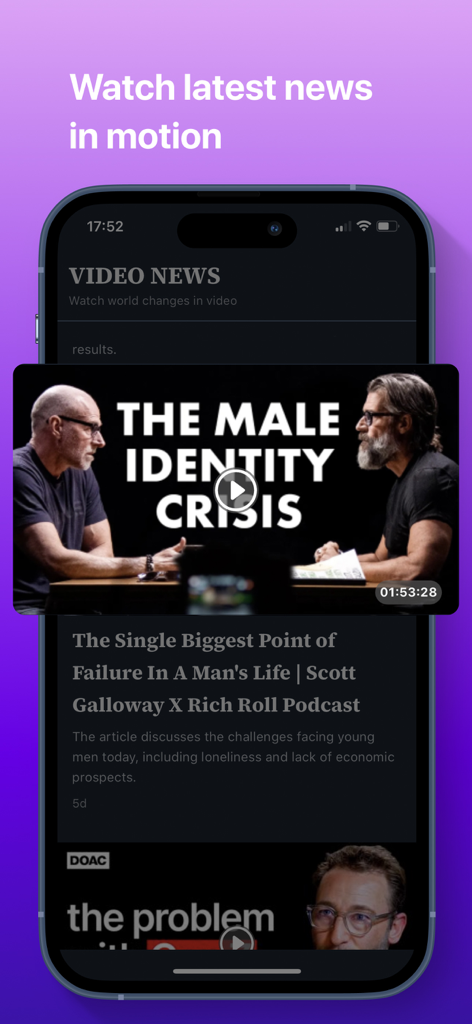 NewsCvg: World News Coverage - 트렌드 보고서 및 팟캐스트 하이라이트가 있는 동영상 뉴스 기능을 보여주는 NewsCvg 모바일 앱 화면
